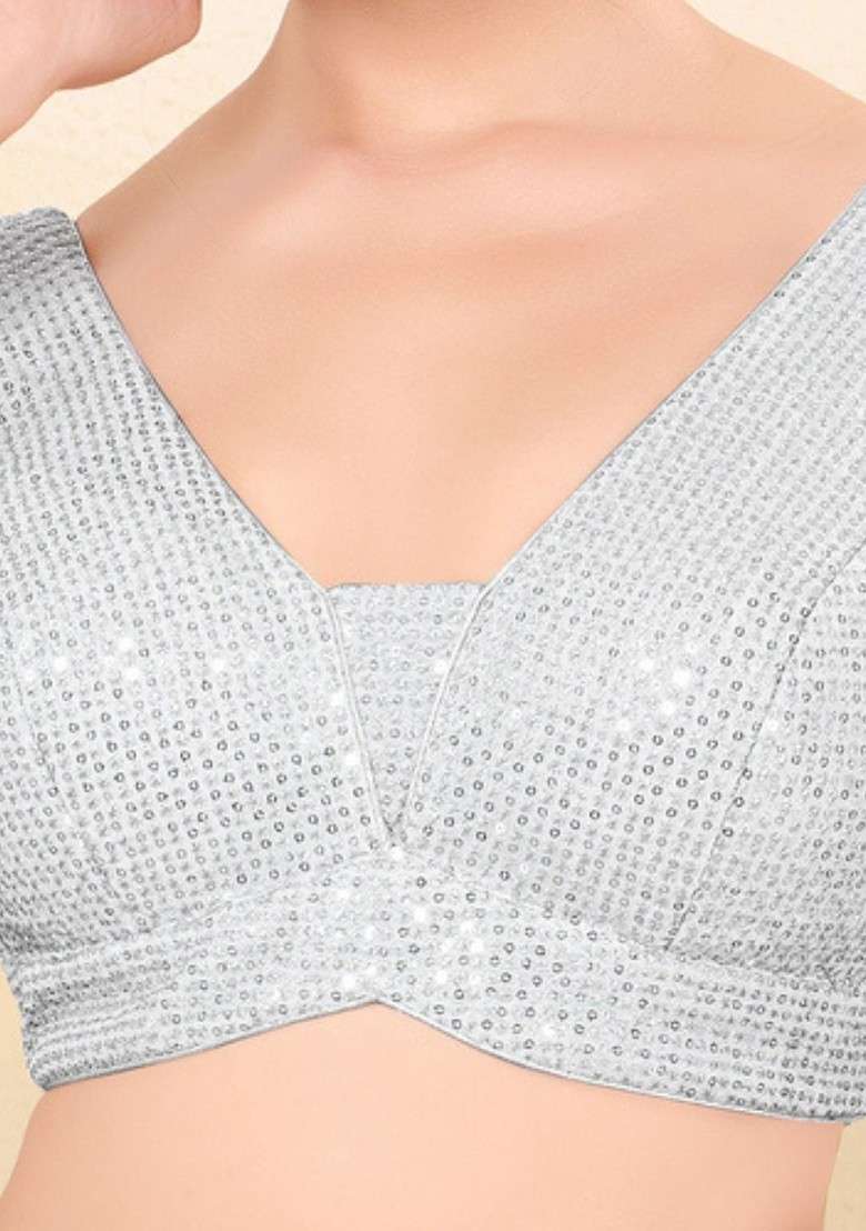 Embroidered V Neck Padded Saree Blouse - Indya