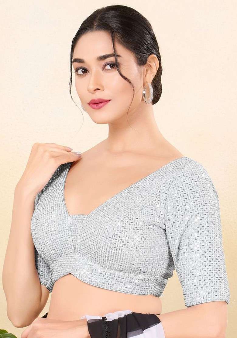Embroidered V Neck Padded Saree Blouse - Indya