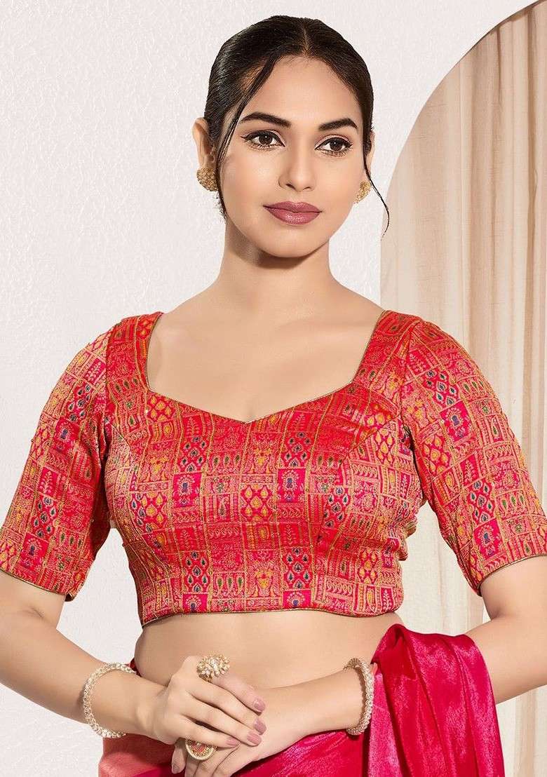 Woven Design Round Neck Padded Saree Blouse - Indya