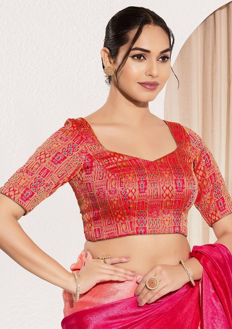 Woven Design Round Neck Padded Saree Blouse