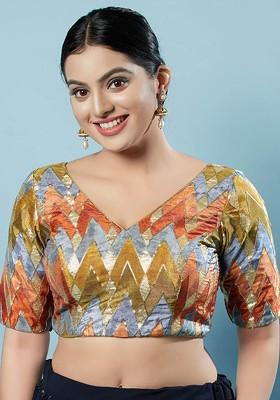 Embroidered Silk V Neck Padded Saree Blouse