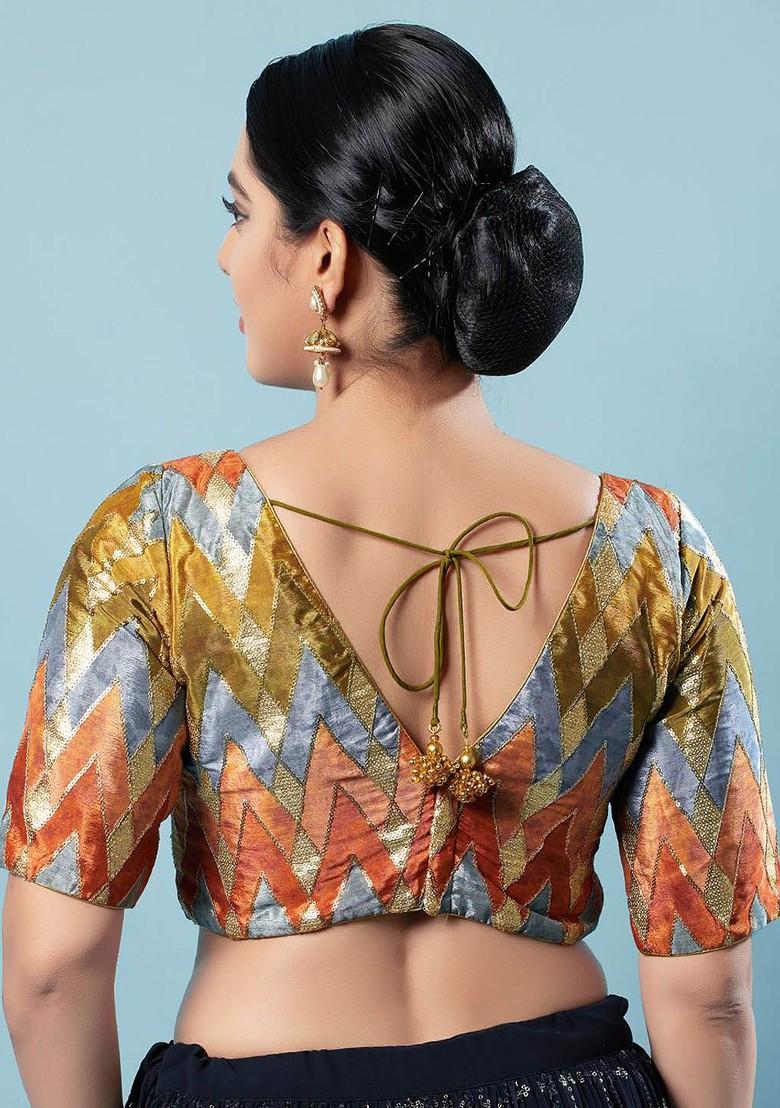 Embroidered Silk V Neck Padded Saree Blouse