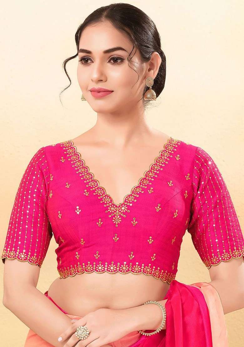 Women V Neck Padded Saree Blouse - Indya