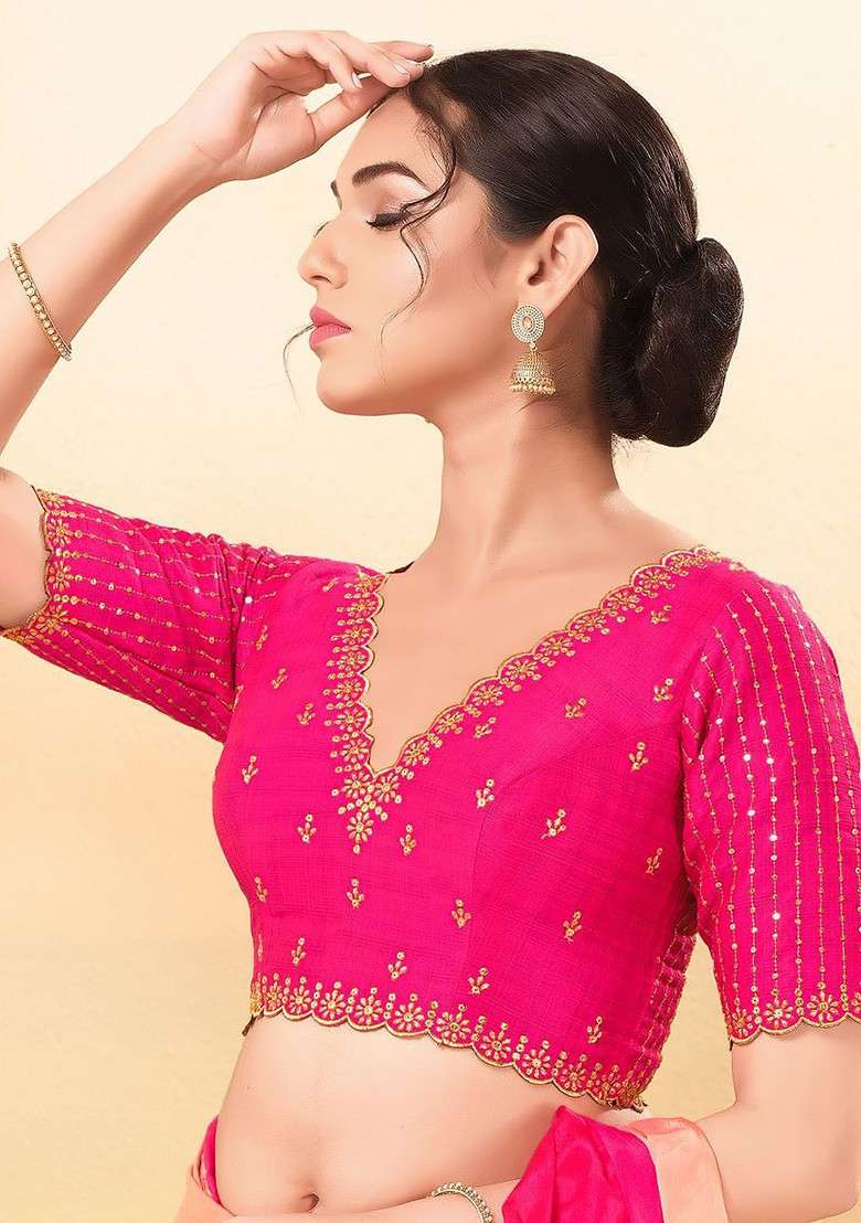 Women V Neck Padded Saree Blouse - Indya