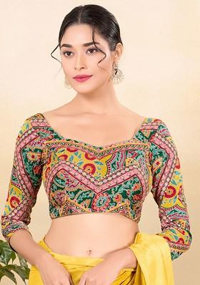 Printed Zari Brocade Sweetheart Neck Padded Saree Blouse