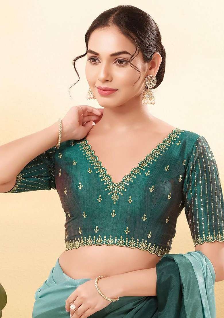 Women V Neck Padded Saree Blouse - Indya