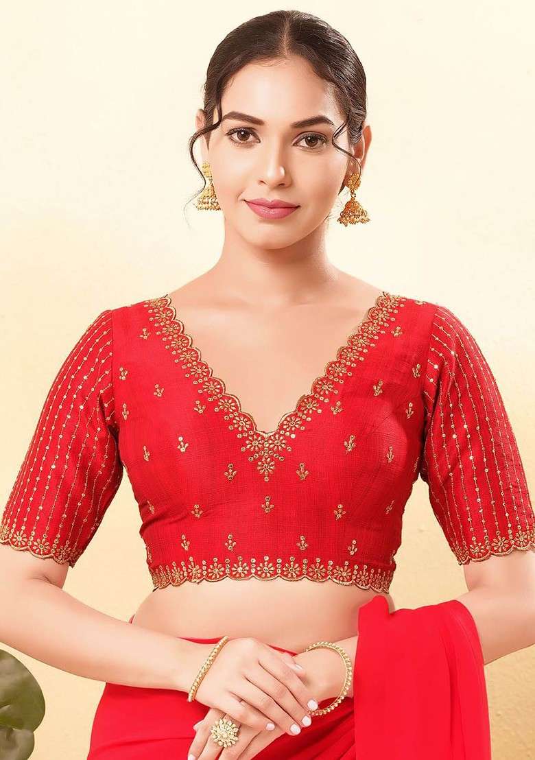 Women V Neck Padded Saree Blouse - Indya