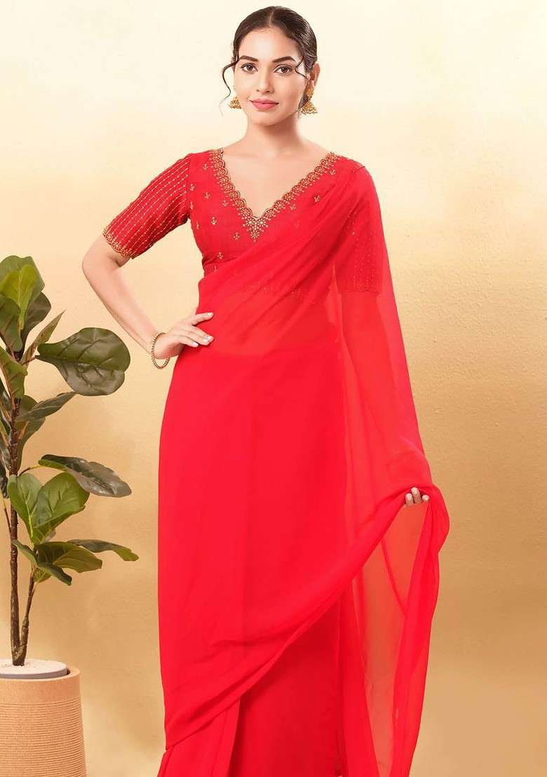 Women V Neck Padded Saree Blouse - Indya