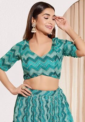 Printed V Neck Padded Saree Blouse