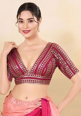 Embroidered Silk V Neck Padded Saree Blouse
