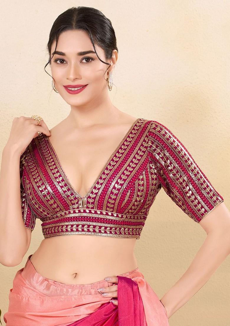Embroidered Silk V Neck Padded Saree Blouse