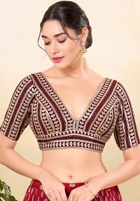 Vamas The Designer Embroidered Silk V Neck Padded Saree Blouse