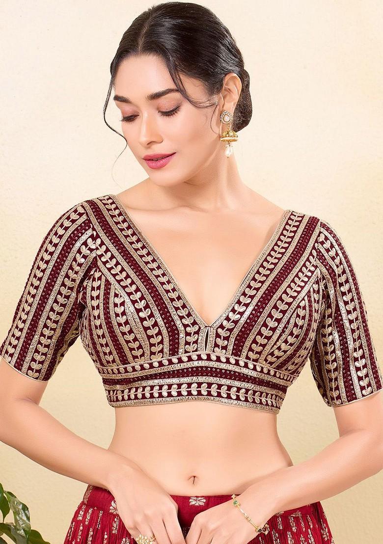 Vamas The Designer Embroidered Silk V Neck Padded Saree Blouse