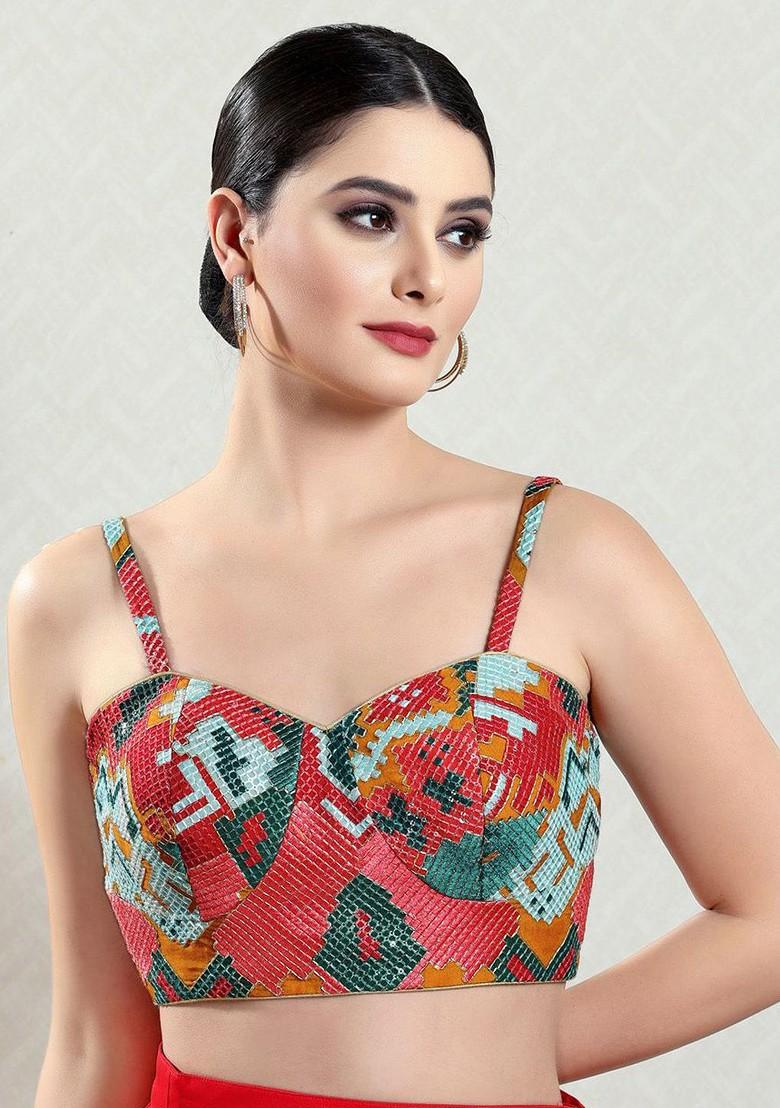 Embroidered Brocade Sweetheart Neck Padded Saree Blouse