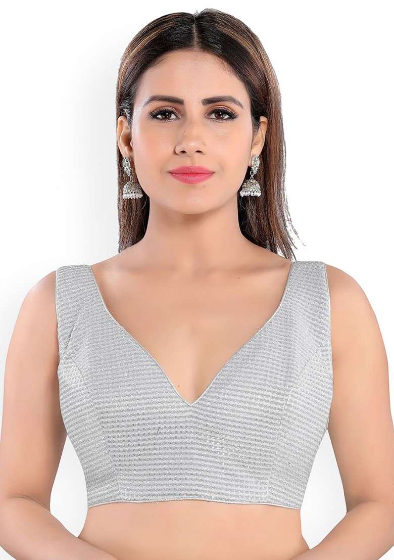 Women V Neck Padded Saree Blouse - Indya