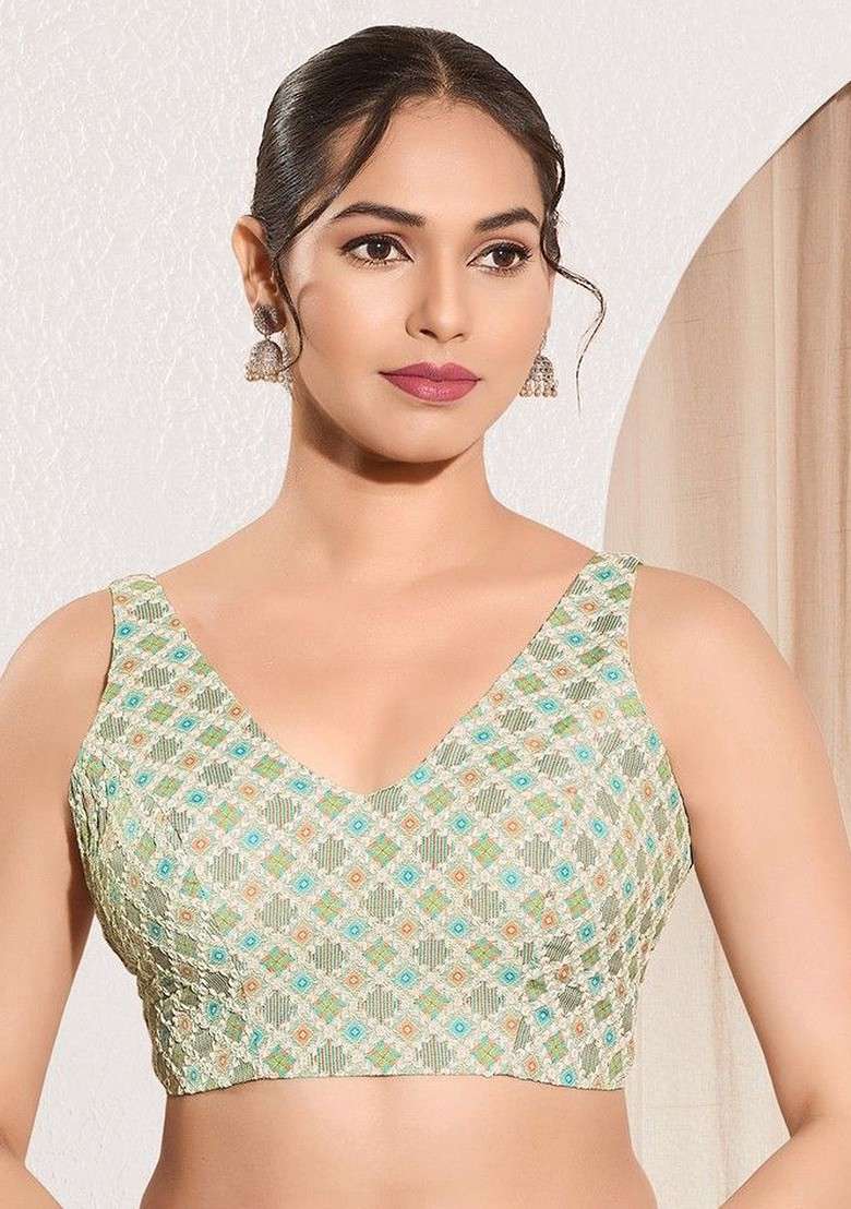 Embroidered V Neck Padded Saree Blouse - Indya