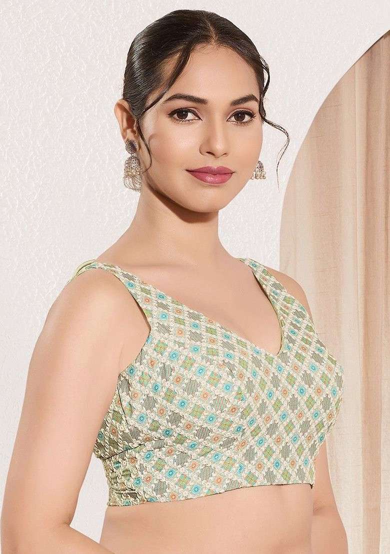 Embroidered V Neck Padded Saree Blouse - Indya