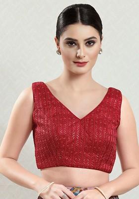 Embroidered Silk V Neck Padded Saree Blouse