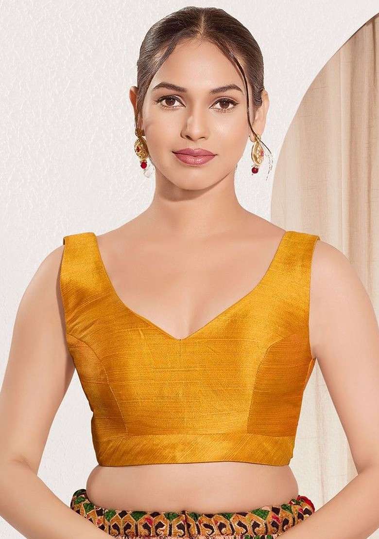 Silk V Neck Padded Saree Blouse - Indya