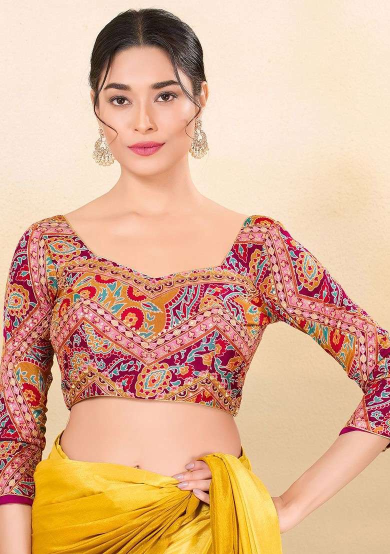 Vamas The Designer Women Woven Zari Brocade Sweet Heart Neck Padded Saree Blouse - Indya