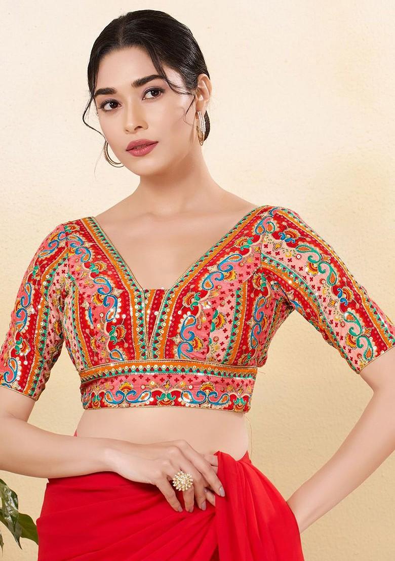 Women Embroidered Silk V Neck Padded Saree Blouse