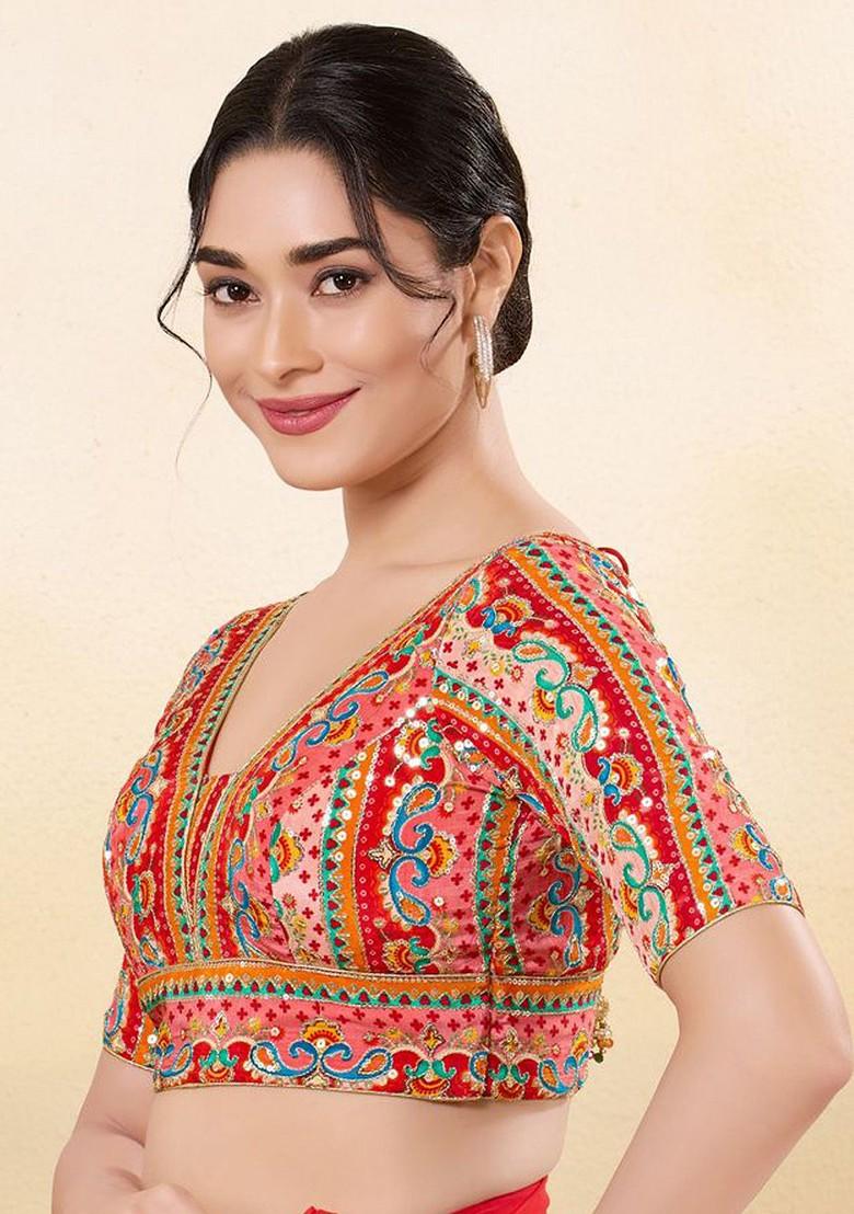 Women Embroidered Silk V Neck Padded Saree Blouse