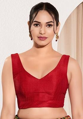 Solid V Neck Padded Saree Blouse