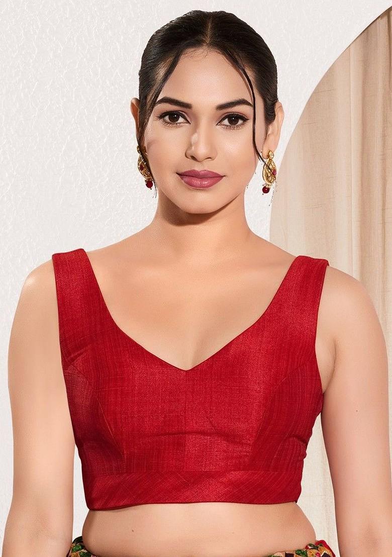 Solid V Neck Padded Saree Blouse