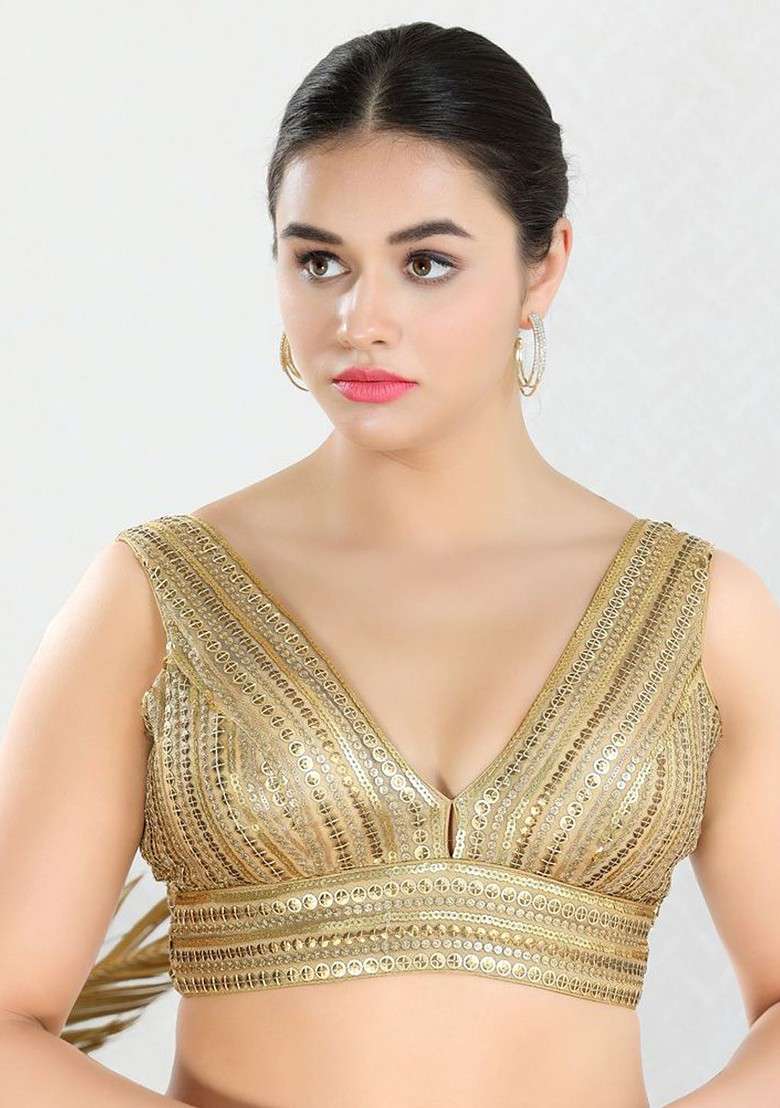 Embroidered V Neck Padded Saree Blouse - Indya