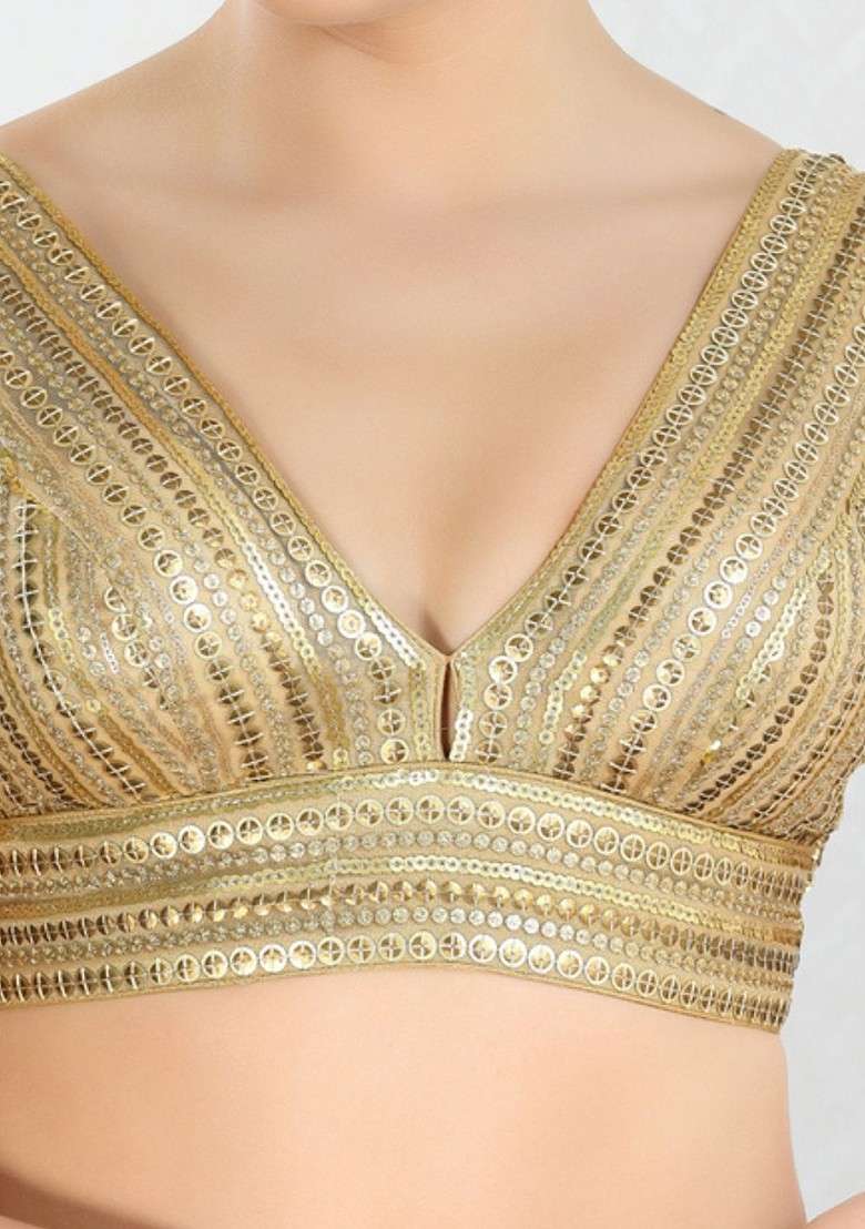 Embroidered V Neck Padded Saree Blouse - Indya