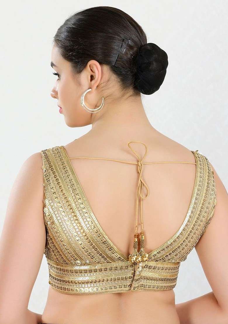 Embroidered V Neck Padded Saree Blouse - Indya