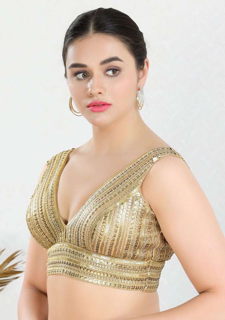 Embroidered V Neck Padded Saree Blouse - Indya