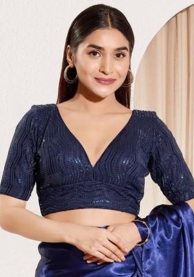Sequinned Embellished Silk V Neck Padded Saree Blouse