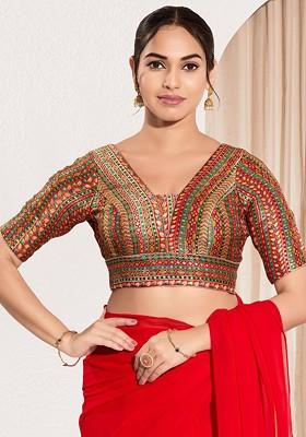 Woven Design V Neck Padded Saree Blouse