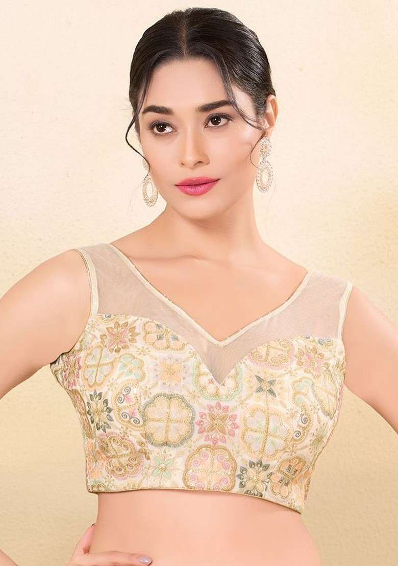 Embroidered V Neck Padded Saree Blouse - Indya
