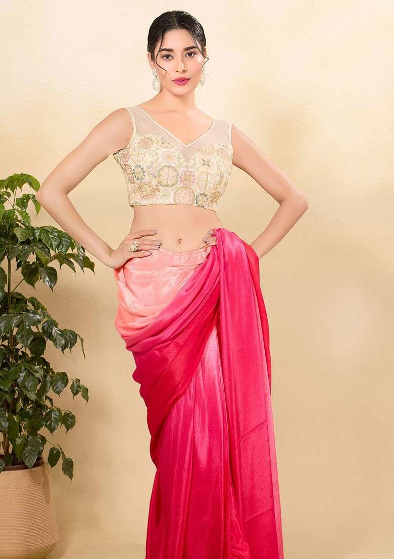 Embroidered V Neck Padded Saree Blouse - Indya