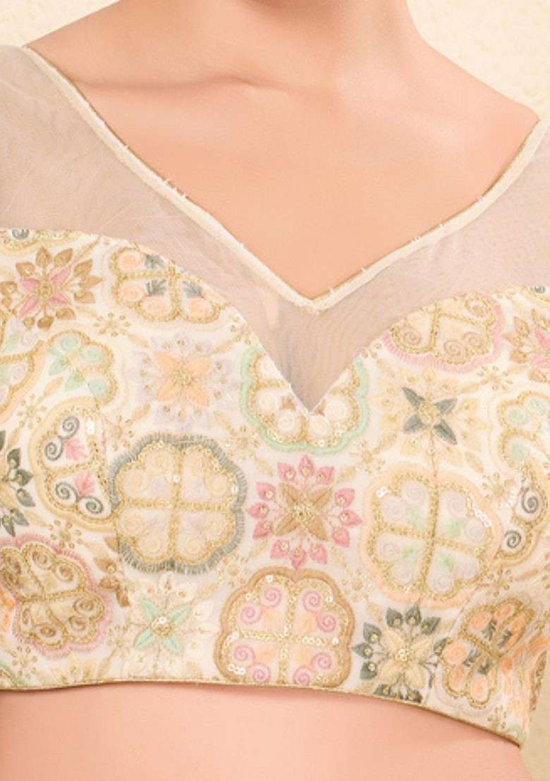 Embroidered V Neck Padded Saree Blouse - Indya