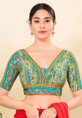 Sequinned Embroidered Silk V Neck Padded Saree Blouse