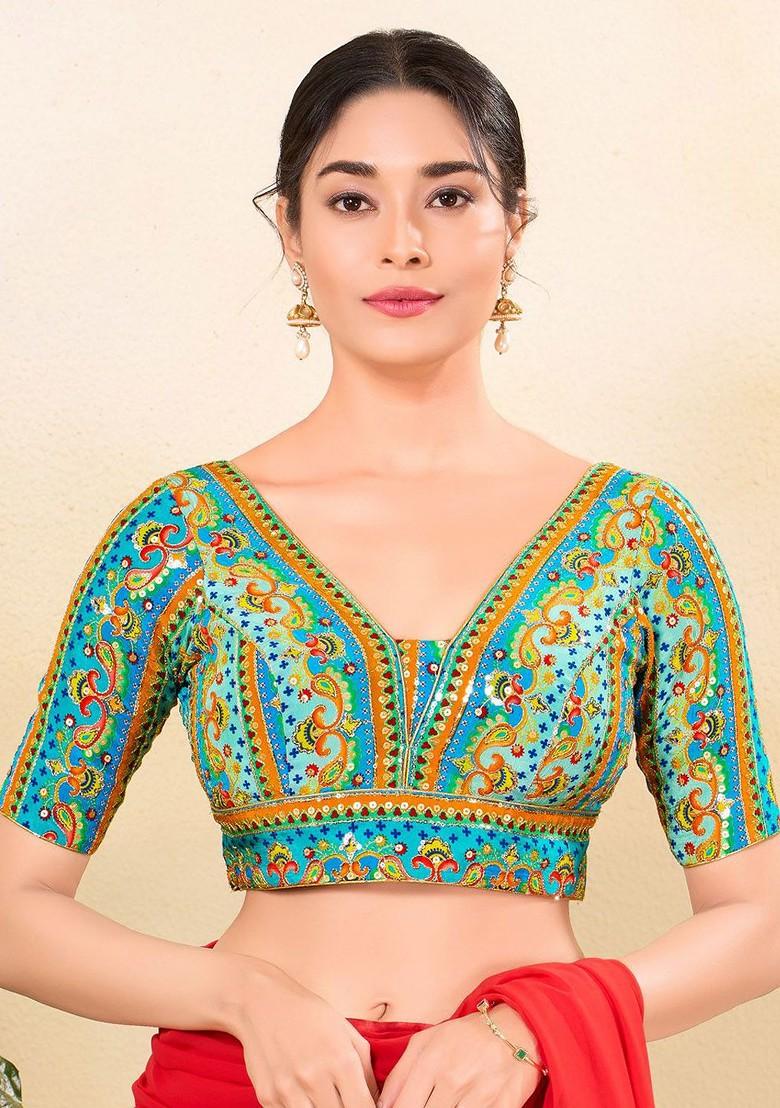 Sequinned Embroidered Silk V Neck Padded Saree Blouse
