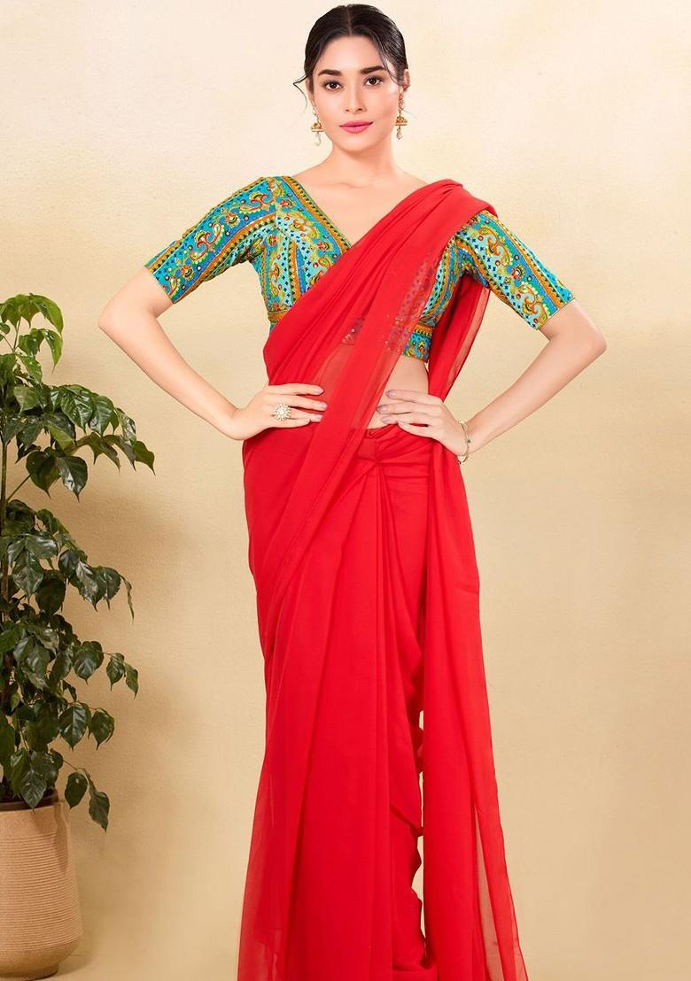 Sequinned Embroidered Silk V Neck Padded Saree Blouse