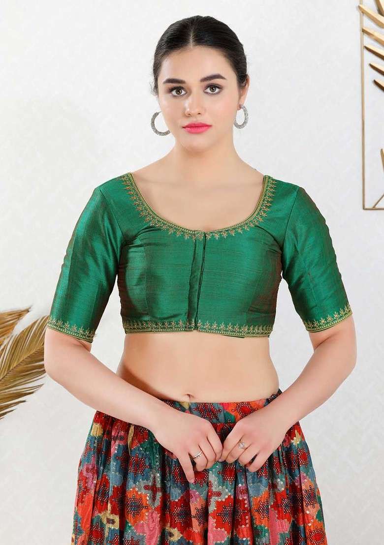 Women Round Neck Embroidered Saree Blouse - Indya