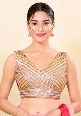 Embroidered Silk V Neck Padded Saree Blouse