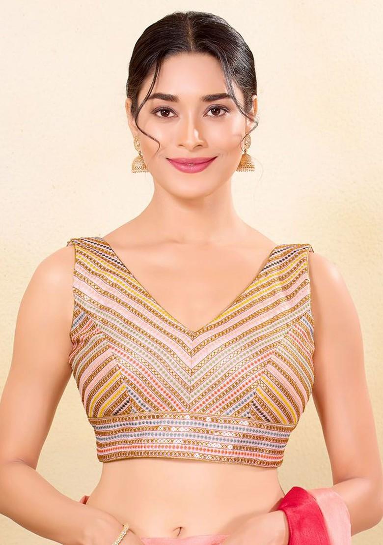Embroidered Silk V Neck Padded Saree Blouse