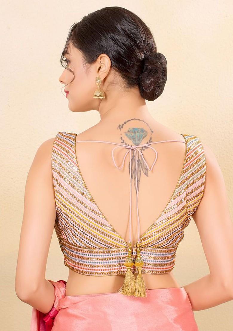 Embroidered Silk V Neck Padded Saree Blouse