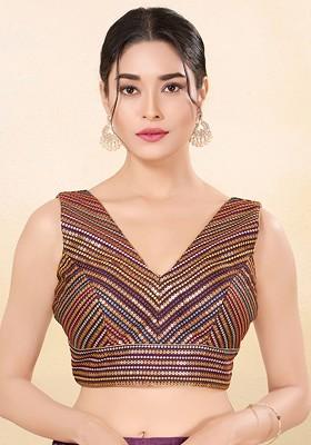 Sequinned Embroidered Silk V Neck Padded Saree Blouse