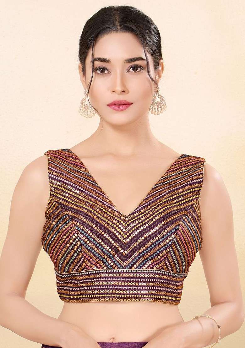 Sequinned Embroidered Silk V Neck Padded Saree Blouse - Indya