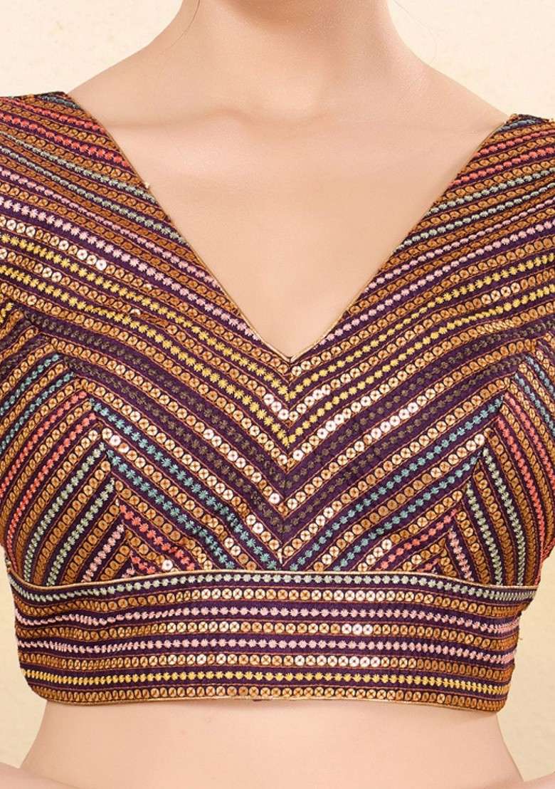 Sequinned Embroidered Silk V Neck Padded Saree Blouse - Indya