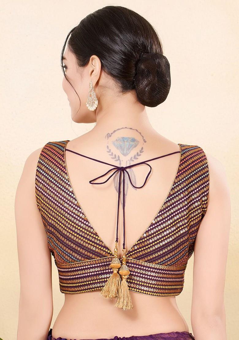 Sequinned Embroidered Silk V Neck Padded Saree Blouse