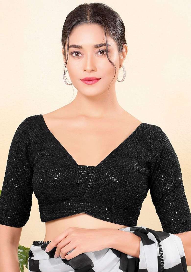 Women Embellished V Neck Padded Saree Blouse - Indya