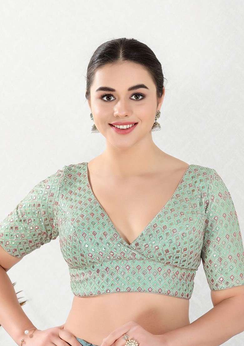Gotta Patti Embroidered V Neck Padded Saree Blouse - Indya